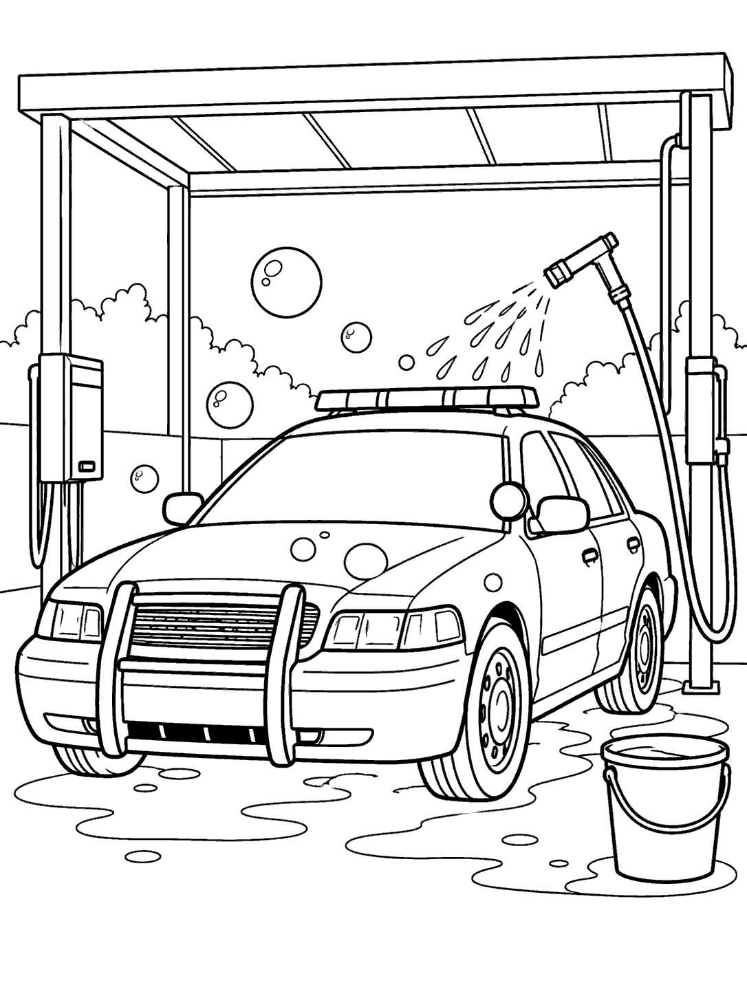 Police car surrounded by soap bubbles at a car wash coloring page