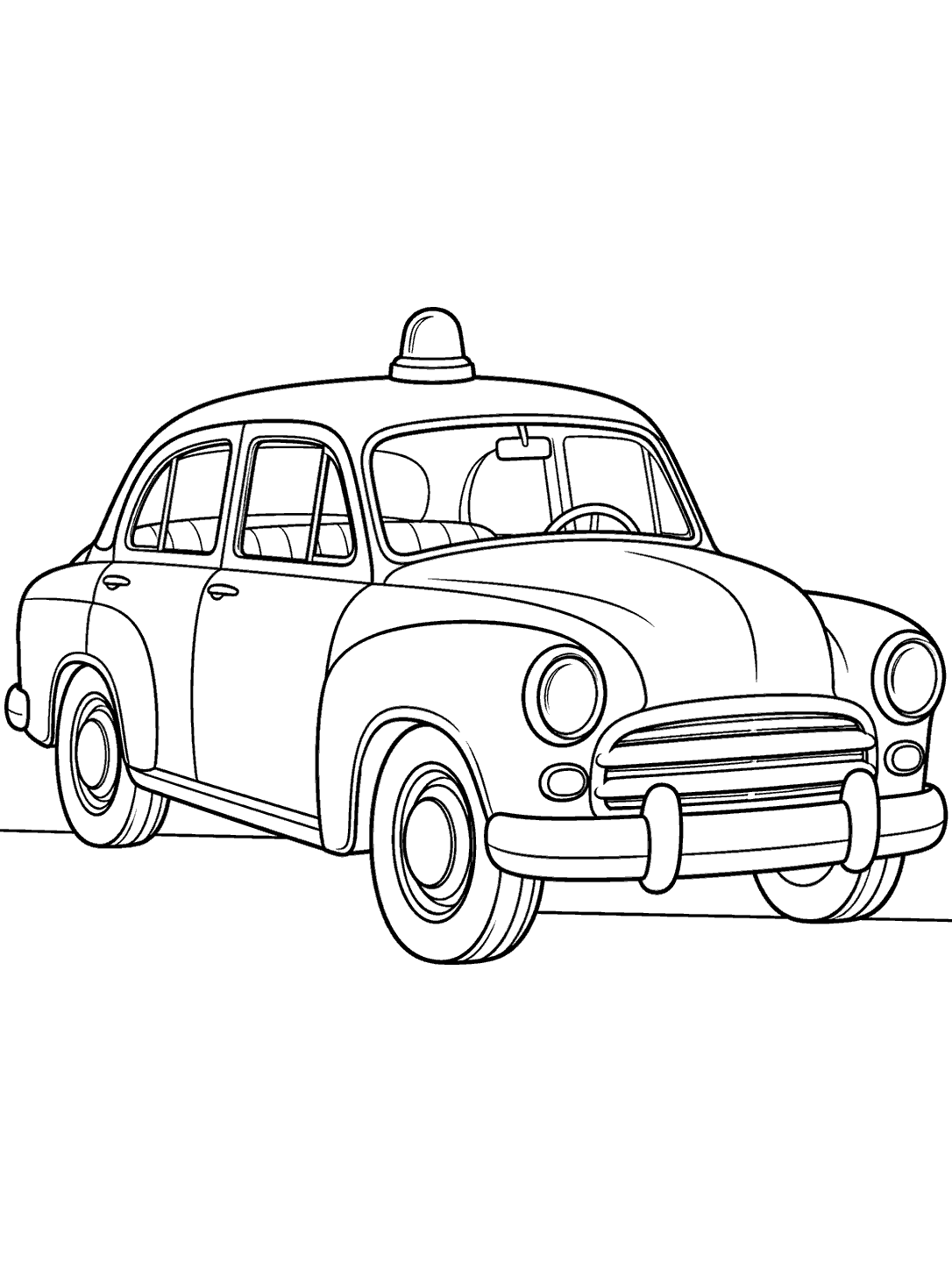 Black-outline coloring page showing a single vintage police car in three-quarter view with rounded fenders, circular headlights, and a roof beacon.