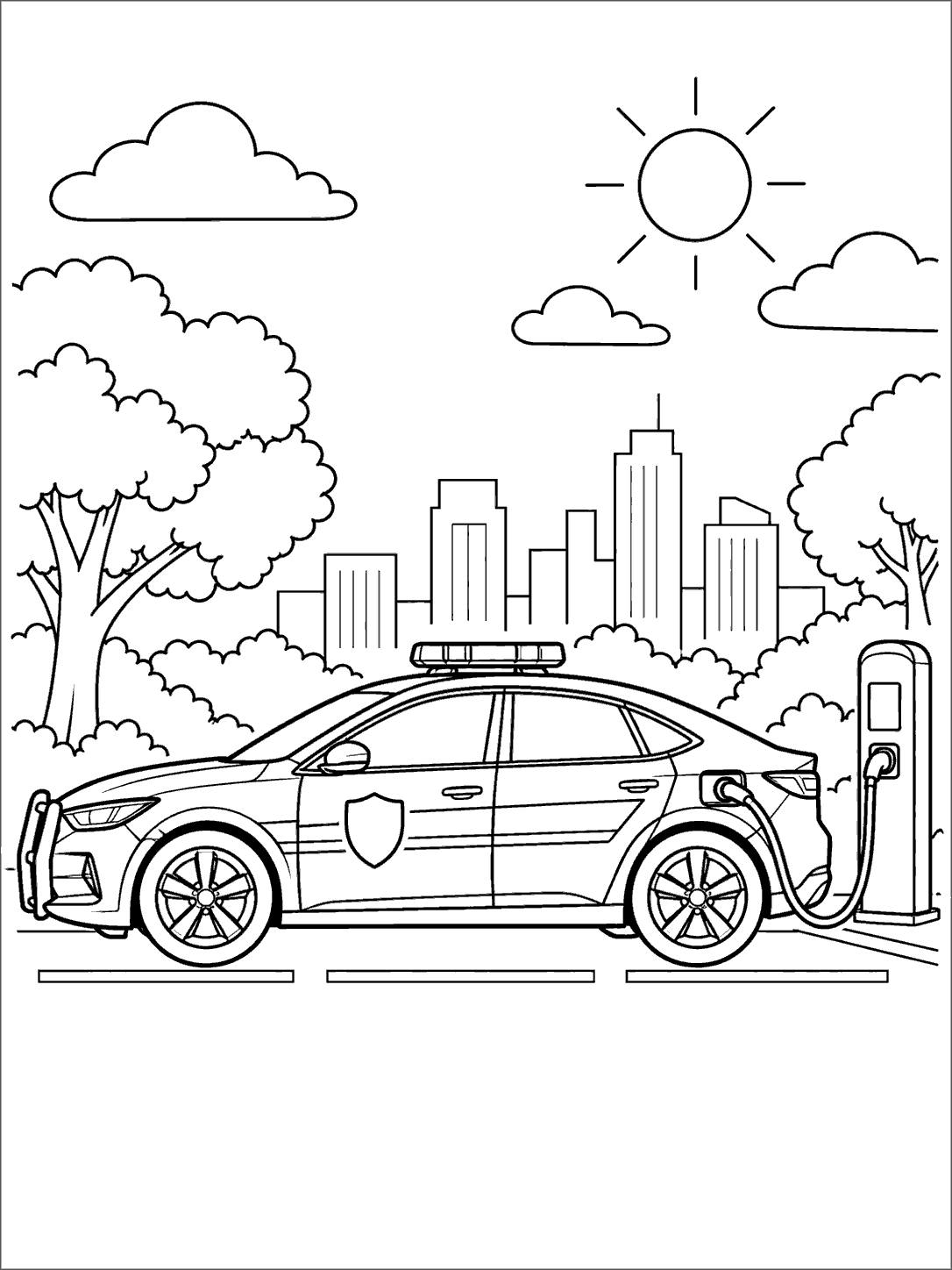 Side-view electric police car connected to a charging post, with a city skyline, trees, clouds, and sun in a black-and-white coloring page.