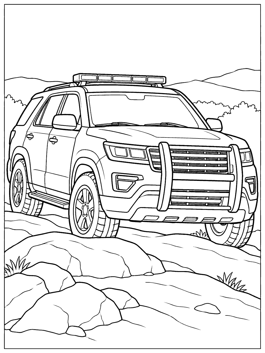 Black outline coloring page of a police SUV on a rocky rise, with distant hills and a few plants.
