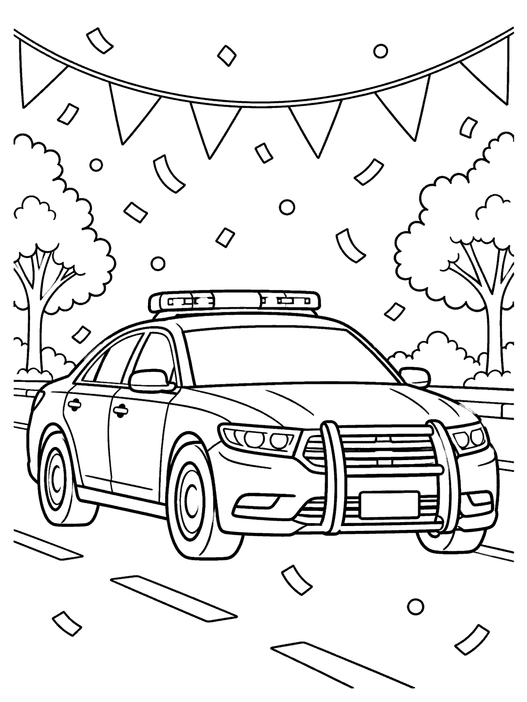 Police car with blank panels beneath parade pennants and confetti on a tree-lined street coloring page