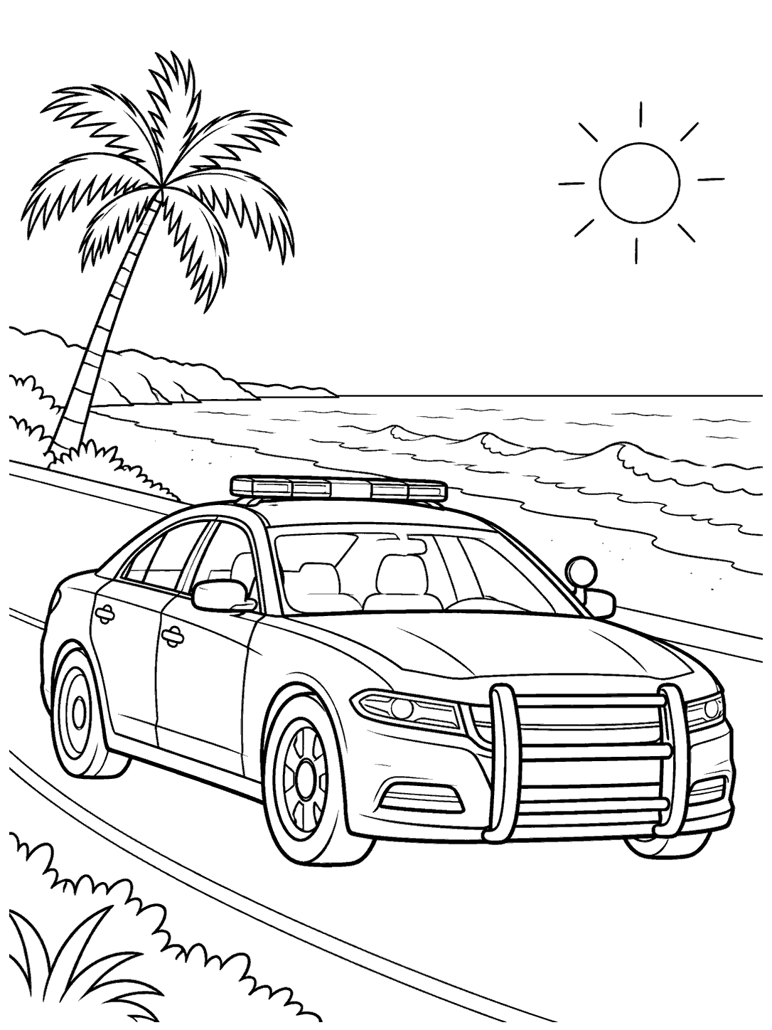 Police car on a coastal road beside a beach, palm tree, and sun in a black-and-white coloring page