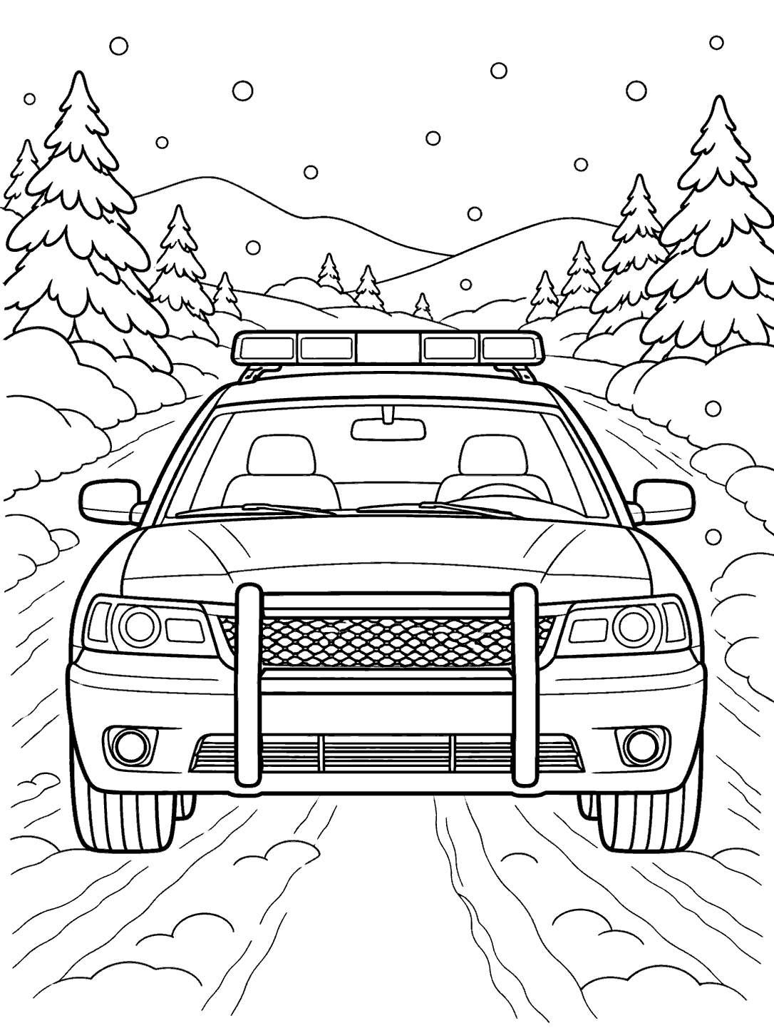 Front-facing police car with roof lights on a snowy road, framed by snowbanks and evergreen trees in a coloring page.
