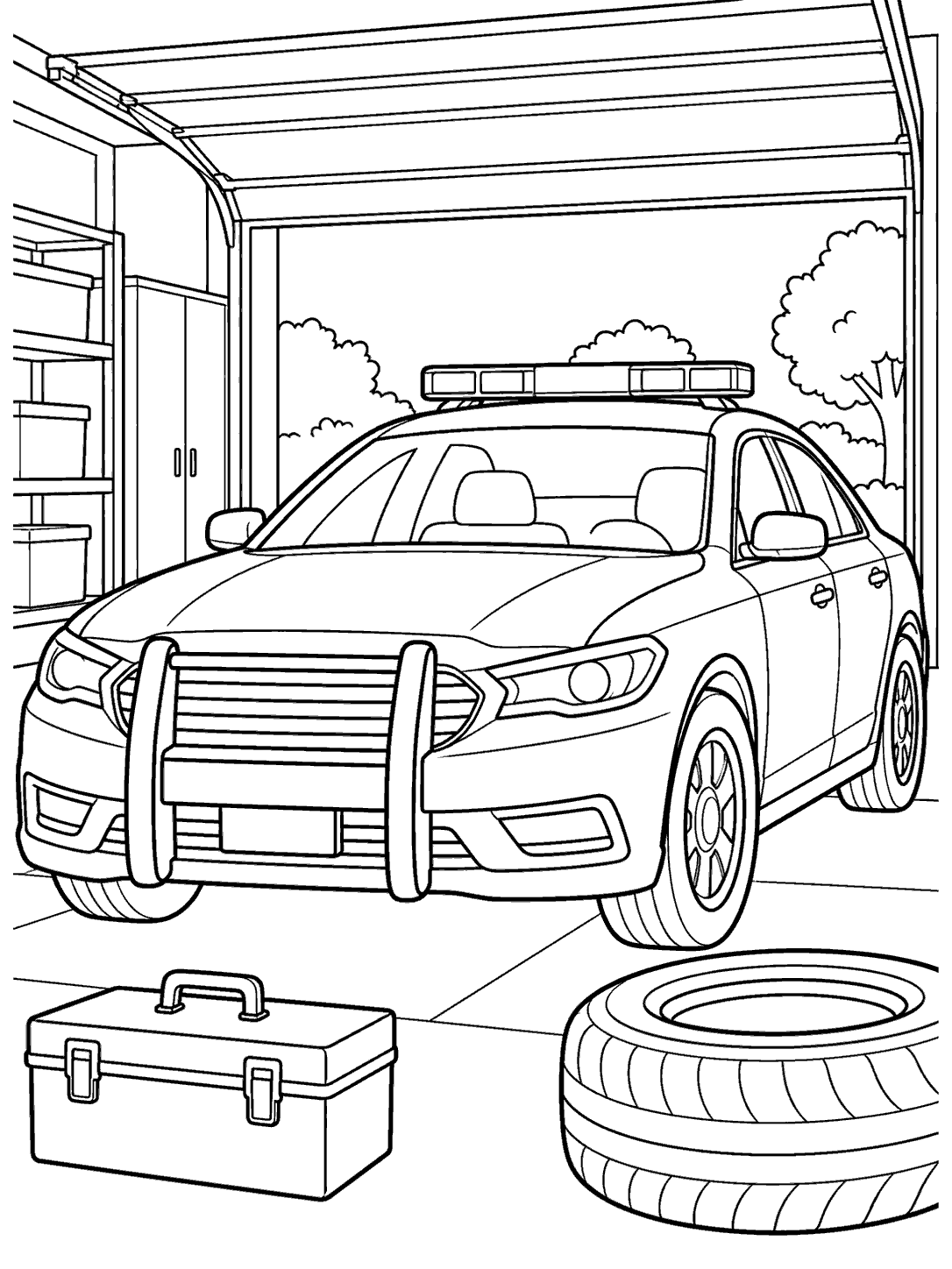 Black-line police car parked in a garage with an open garage door, toolbox, and large tire.