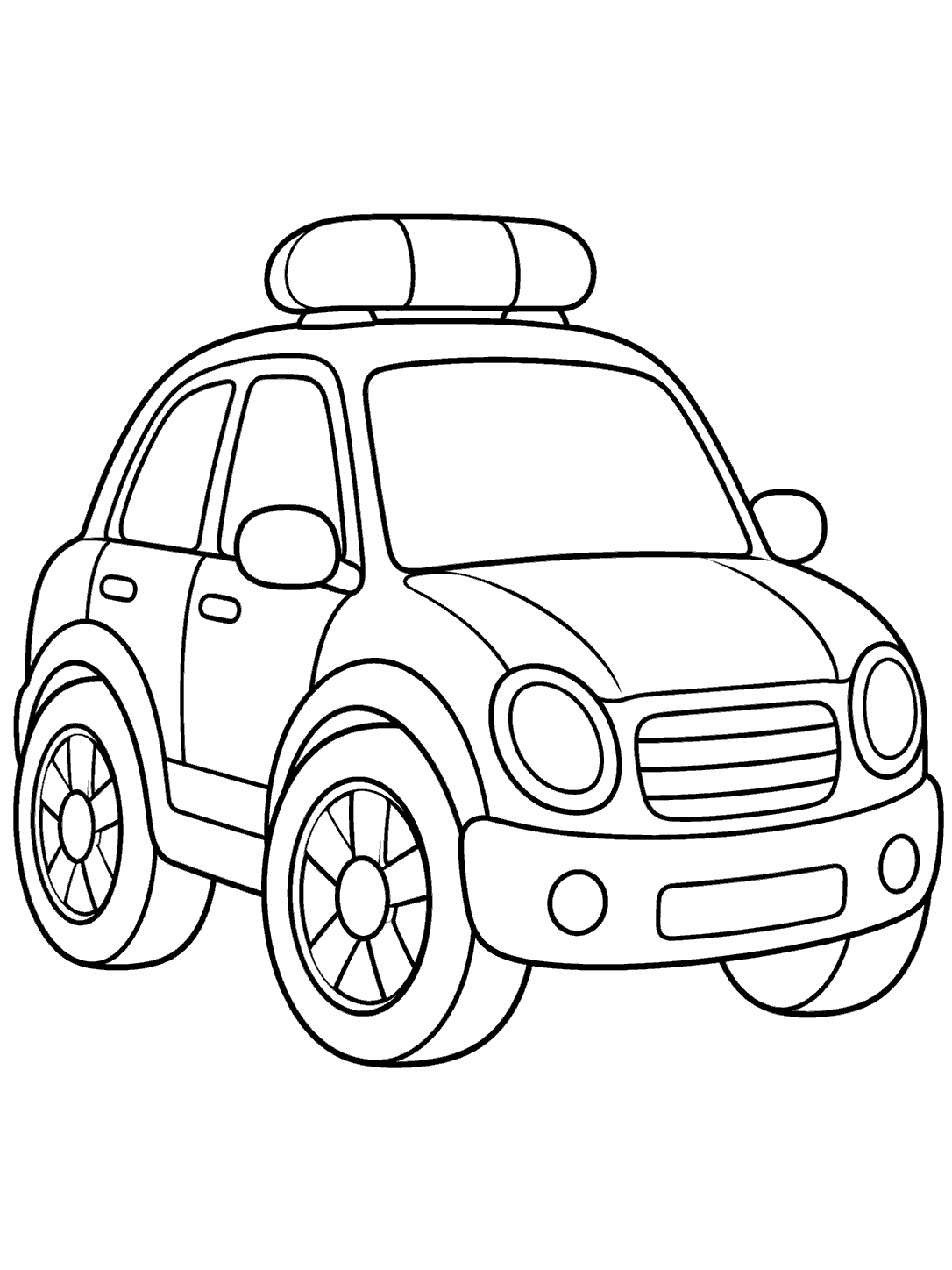 Black outline coloring page of a compact police car with oversized wheels and a rounded roof light, centered on a white page.