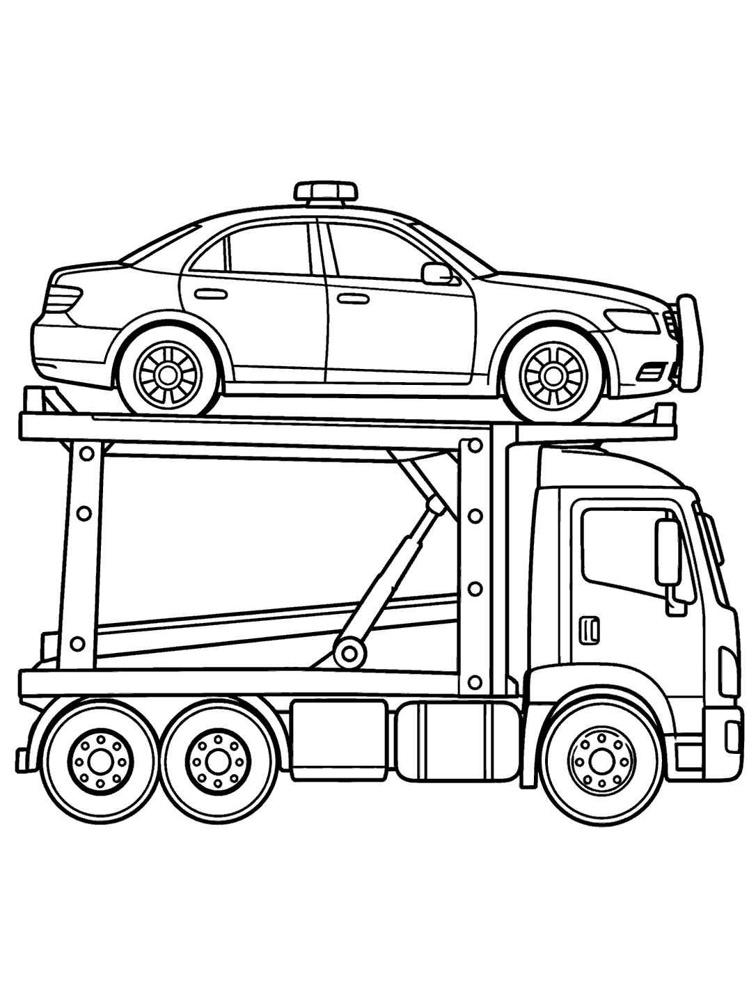 Side-view police car secured on a transporter truck coloring page