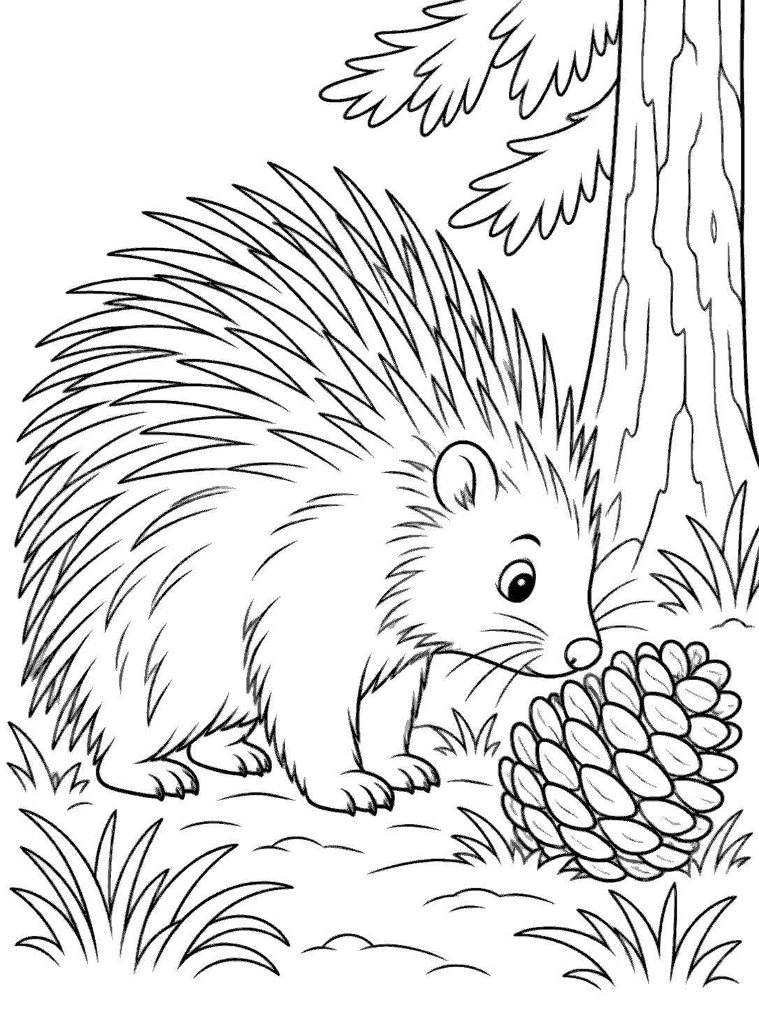 Profile view of a quilled porcupine investigating a large pinecone among grass tufts beneath a pine tree.