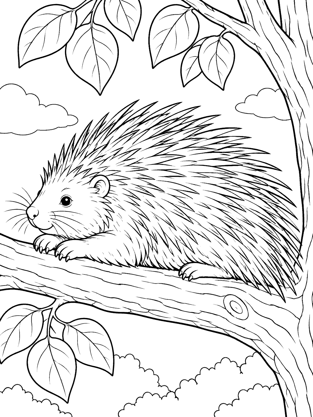 A large quilled porcupine resting on a low tree branch, framed by leaves and open sky.