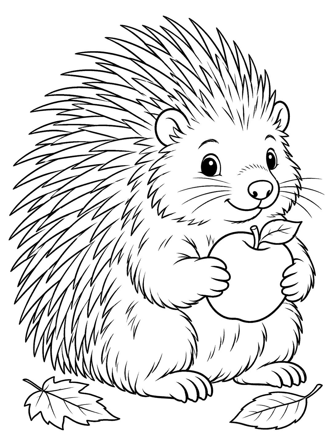 A friendly seated porcupine with clearly outlined quills holds a leaf-topped apple above two fallen leaves.