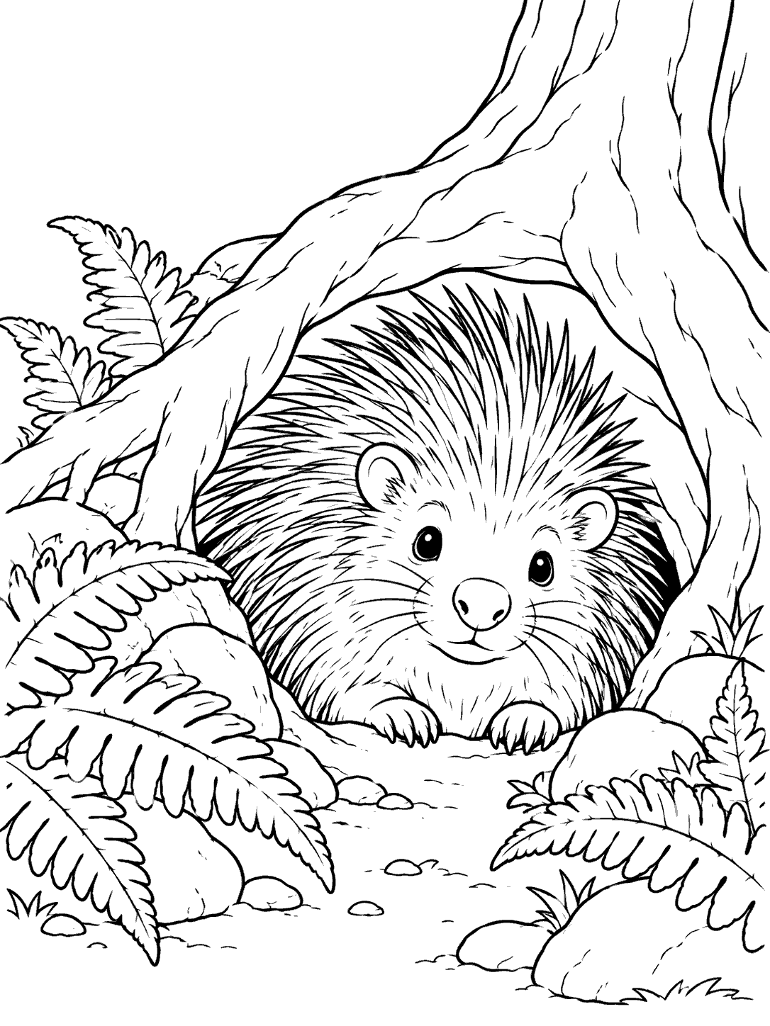 Porcupine peeking from a rounded burrow beneath a tree root, surrounded by ferns and stones