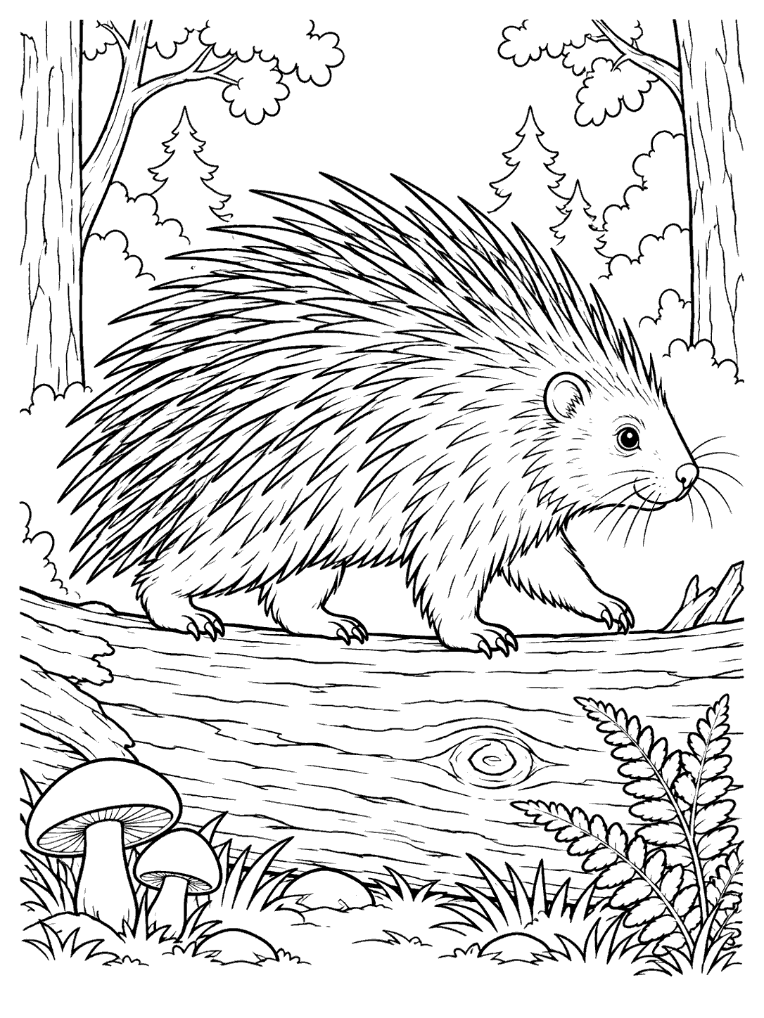 A large quilled porcupine walking across a fallen log in a woodland scene, with mushrooms and a fern below.