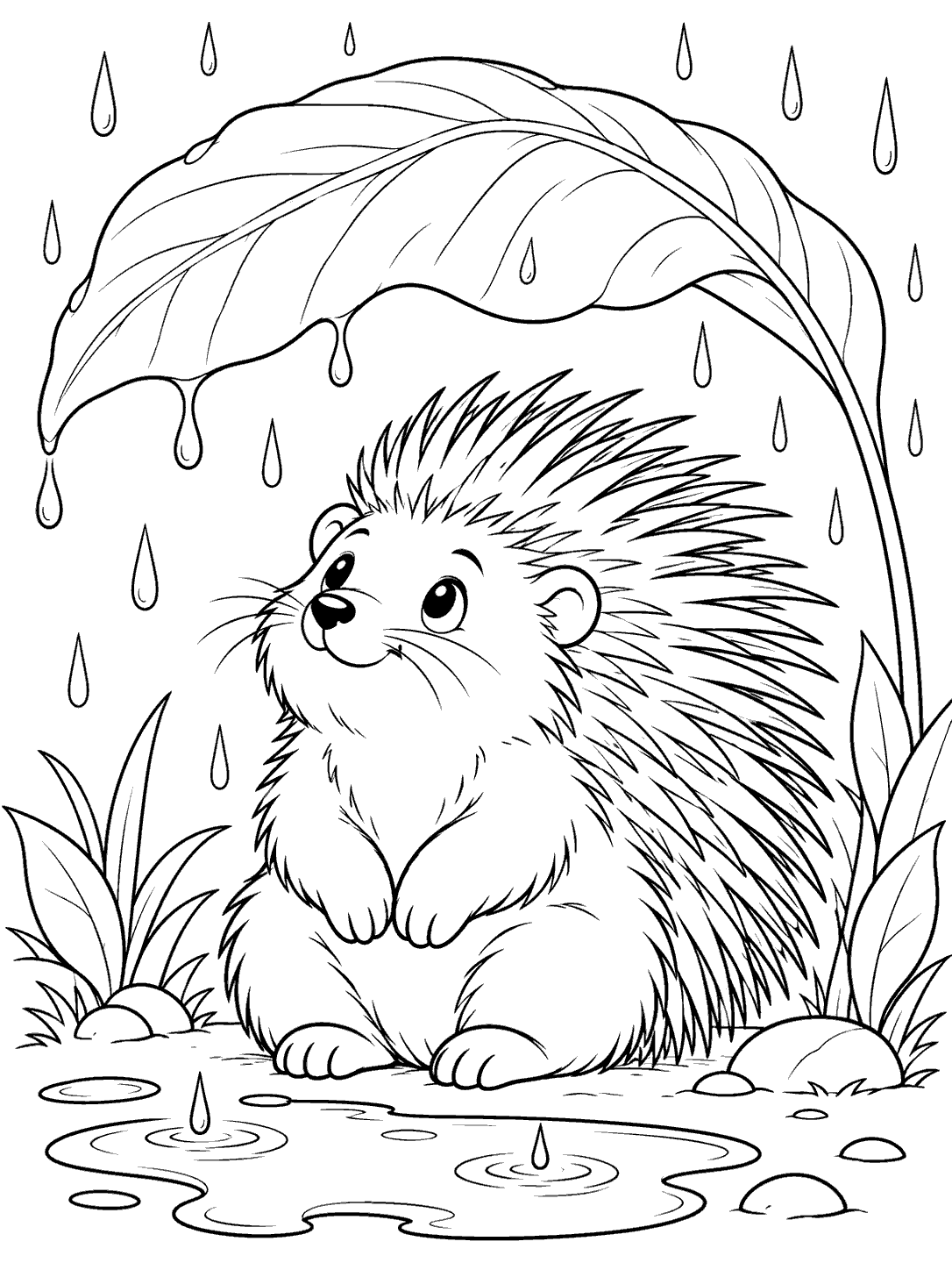 A seated porcupine with prominent quills shelters beneath a large drooping leaf as rain falls into a puddle.