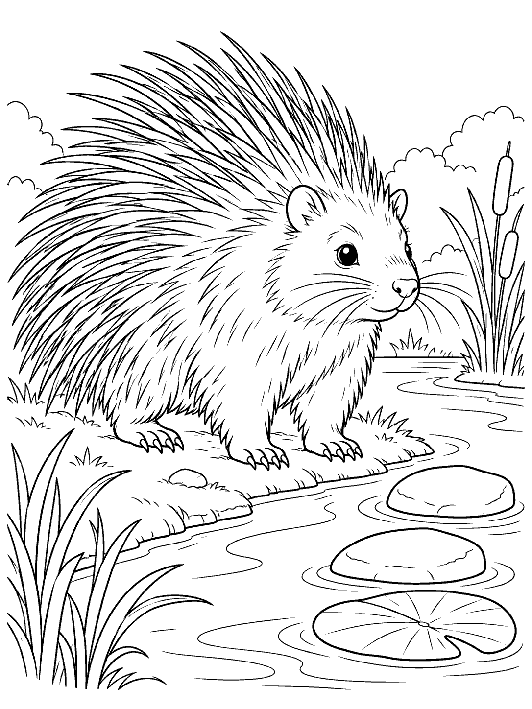 A large porcupine stands at a winding stream with reeds, two stepping stones, and a broad water lily leaf.