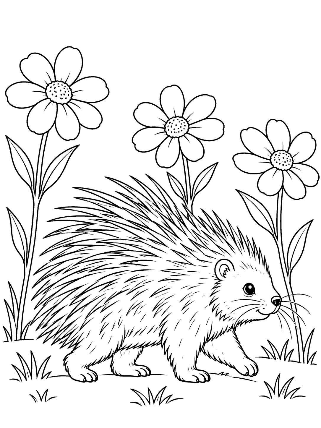A walking porcupine with prominent quills among three tall wildflowers and a few grass clumps, drawn in black outlines on white.