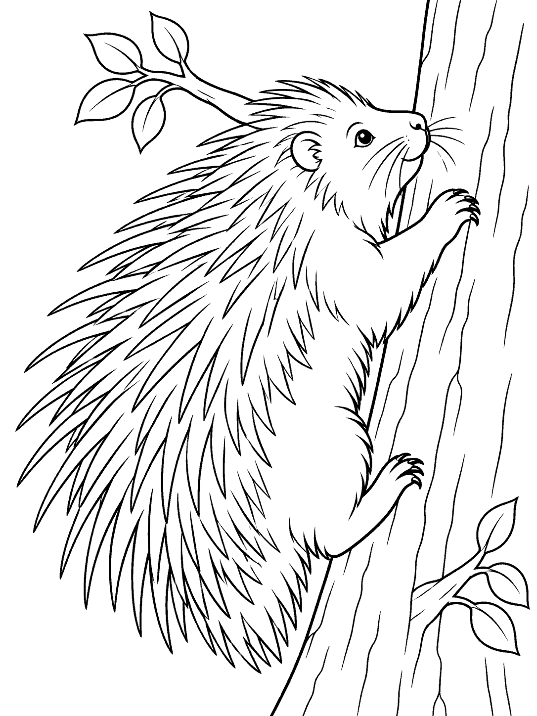 Black-and-white line art of a porcupine climbing a tree trunk, with long quills and leafy branches.