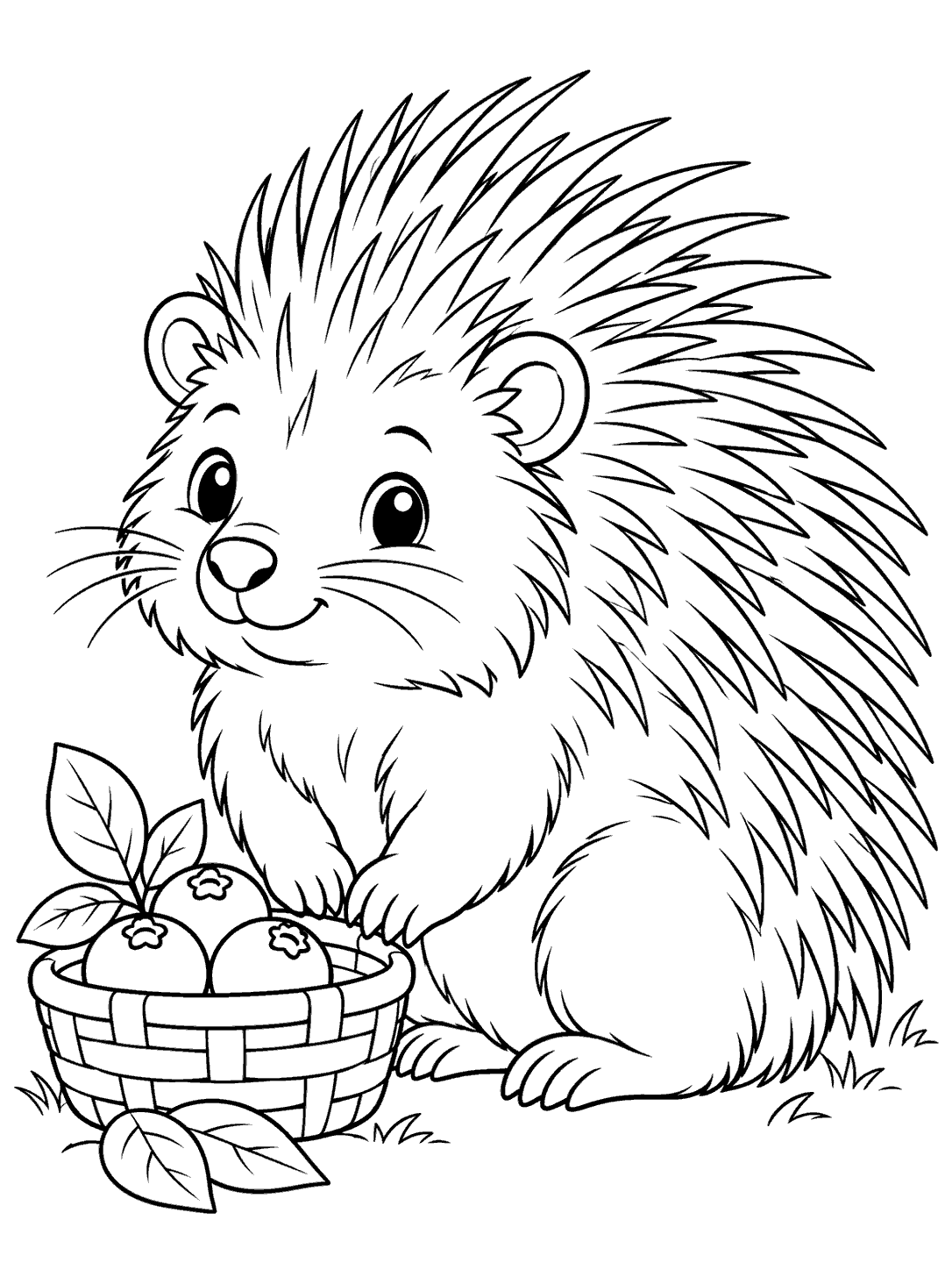 Smiling seated porcupine with long quills beside a woven basket holding three berries, with leaves nearby.
