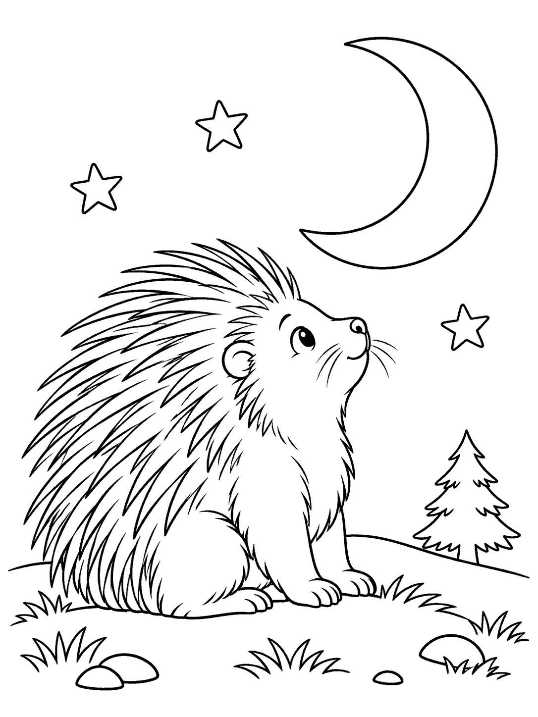 Porcupine looking up at a crescent moon and three outlined stars, with a small pine and low hill.