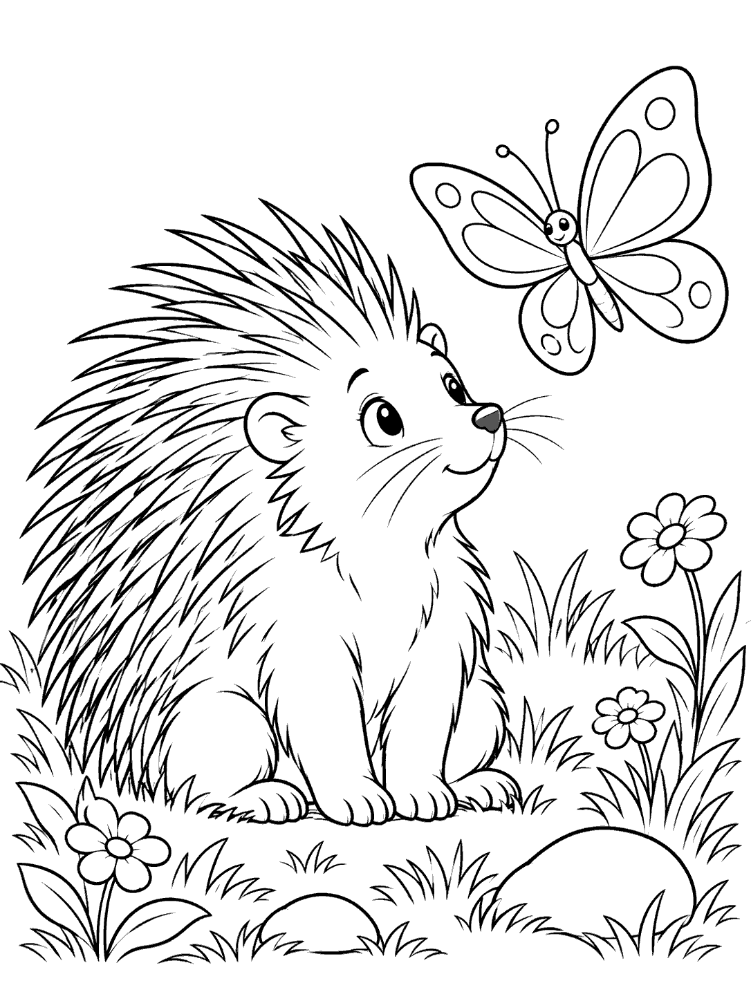 A seated porcupine looks up at a large butterfly above grass and flowers.