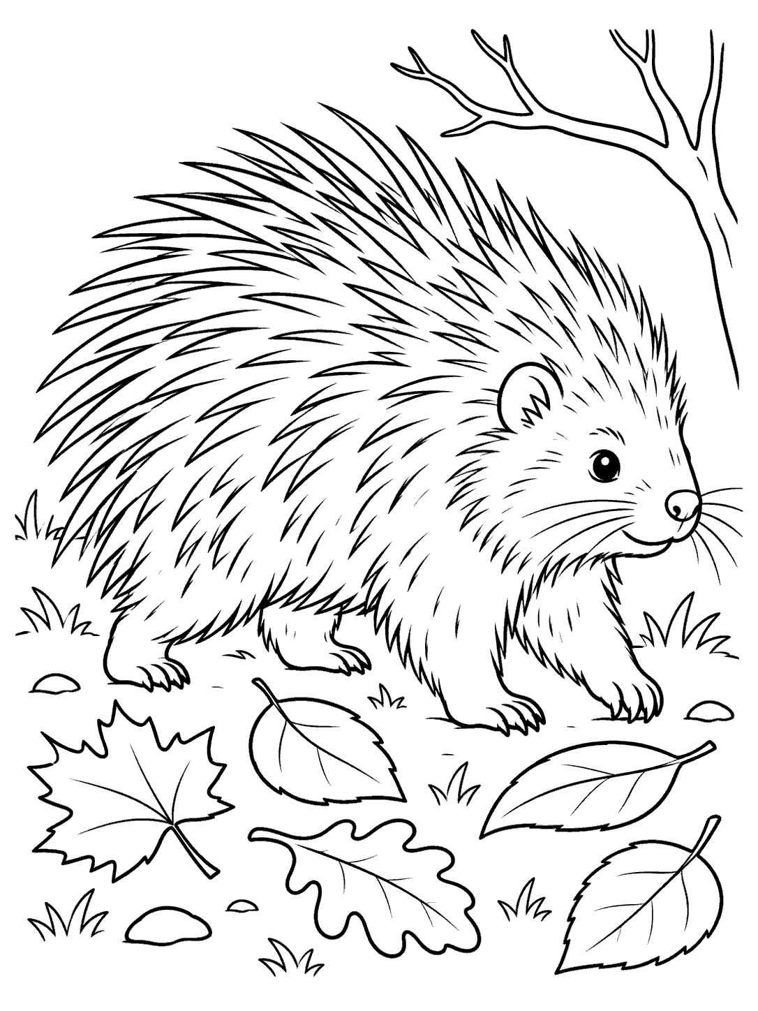 Porcupine walking among five fallen leaves in a woodland clearing