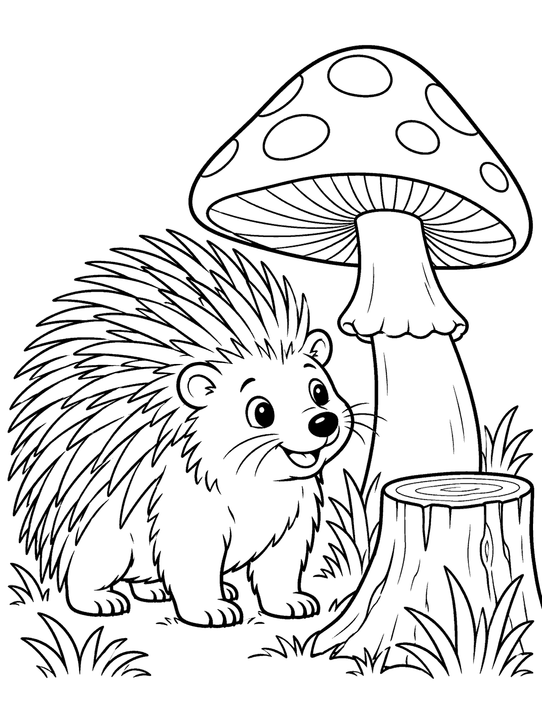 A smiling porcupine beside a large spotted mushroom and tree stump, with simple grass tufts.