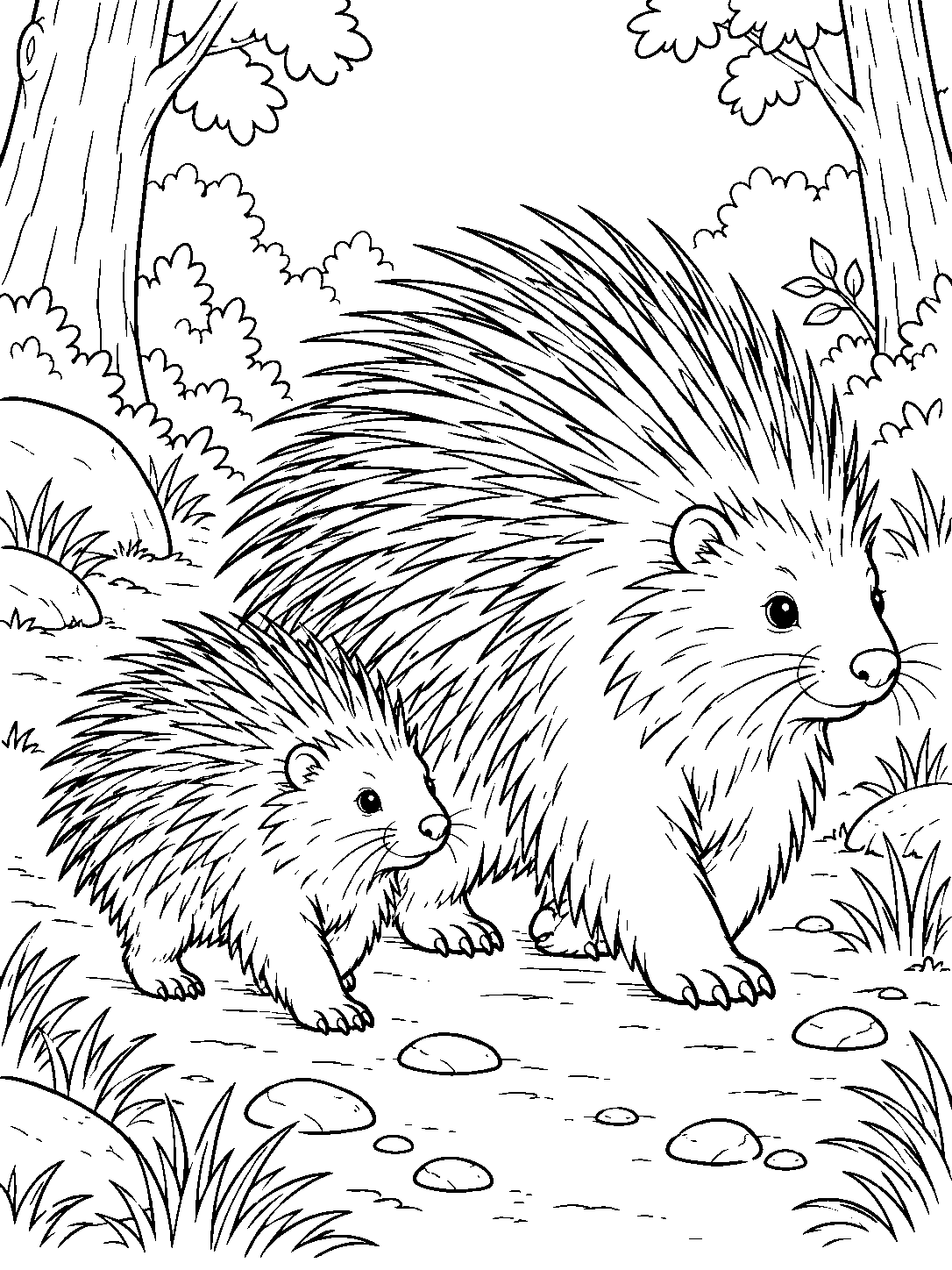 A large adult porcupine and a smaller young porcupine walk side by side on a woodland path among grass tufts and pebbles.