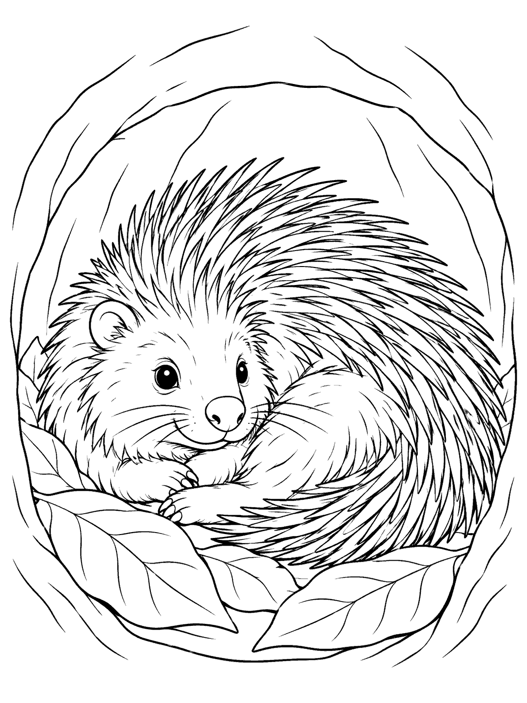 A porcupine curled on leaves inside a rounded hollow, with its face and quills visible.
