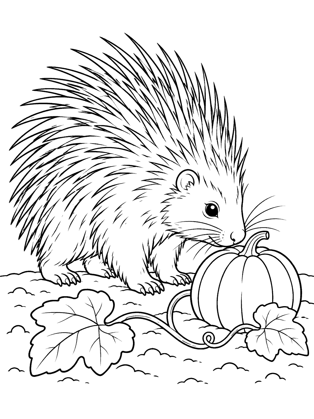 Porcupine sniffing a pumpkin beside a leafy vine in a garden patch