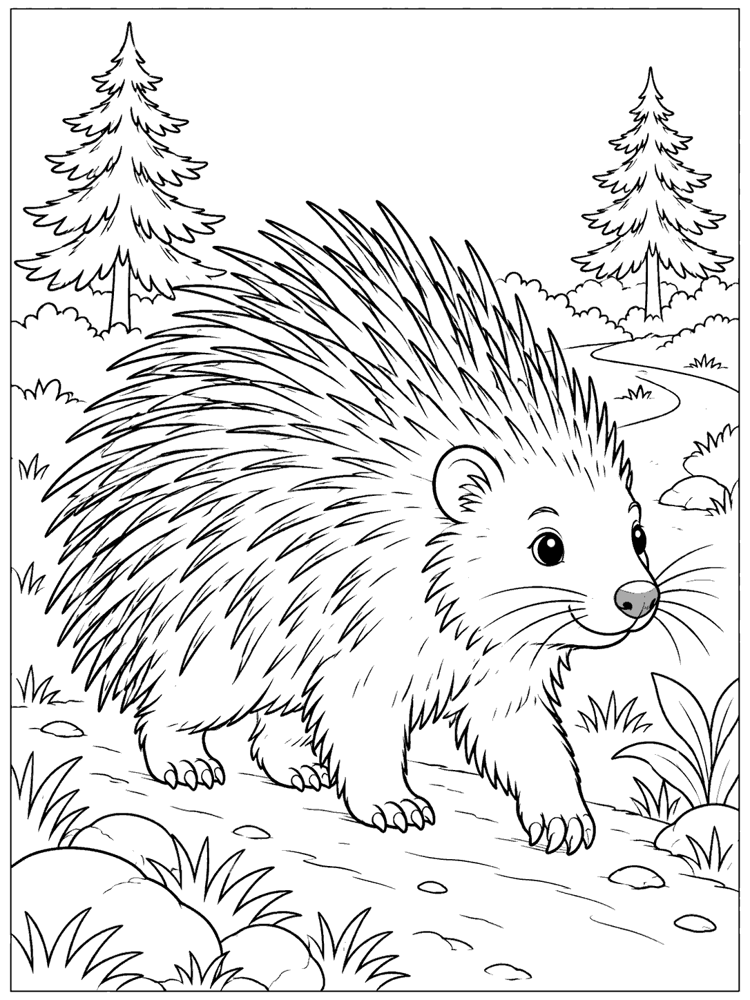 Large porcupine walking along a winding woodland path, with two pine trees in the background.