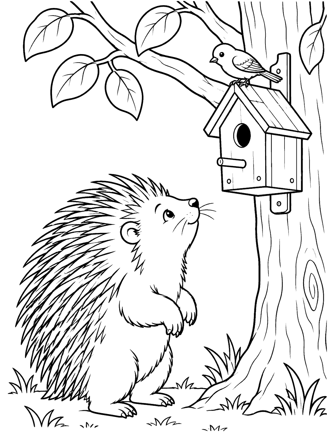 Porcupine looking up at a birdhouse while a small bird perches on its roof.