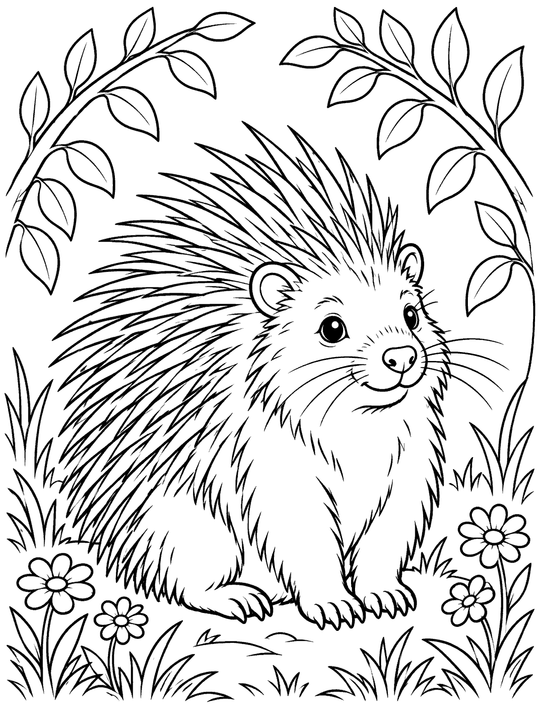 A seated porcupine with prominent quills surrounded by flowers and grass beneath an arch of leafy branches.