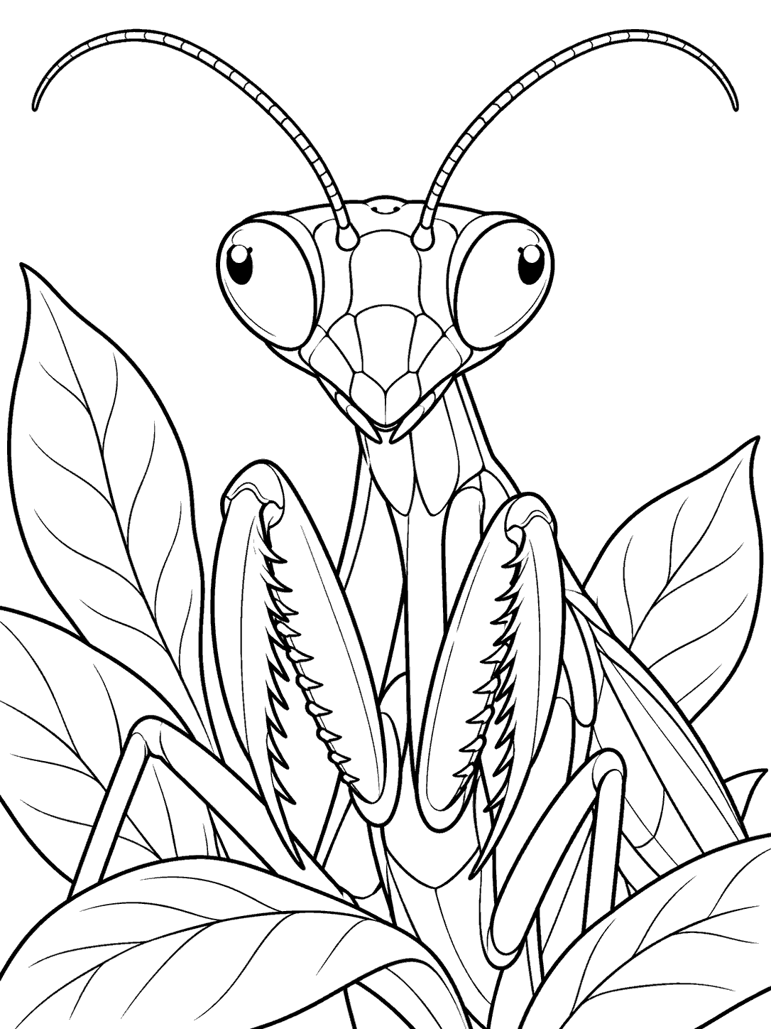 Front-facing praying mantis with large compound eyes, raised folded forelegs, and framing leaves.
