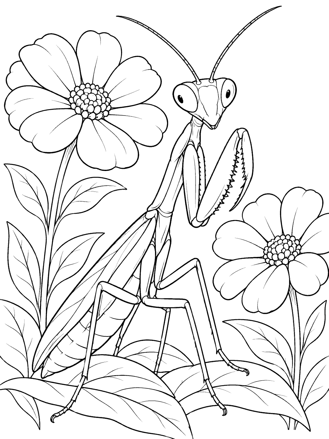 A praying mantis with folded grasping forelegs among two broad-petaled garden flowers and leaves.