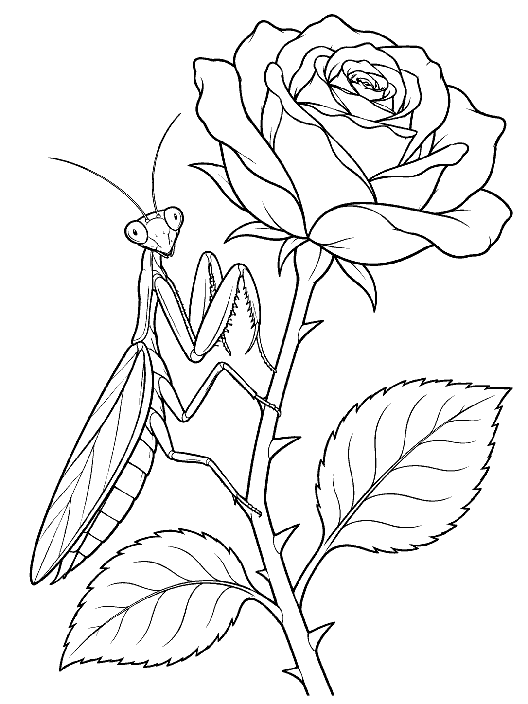 A praying mantis with prominent antennae and folded forelegs perched beside an open rose on a leafy stem.