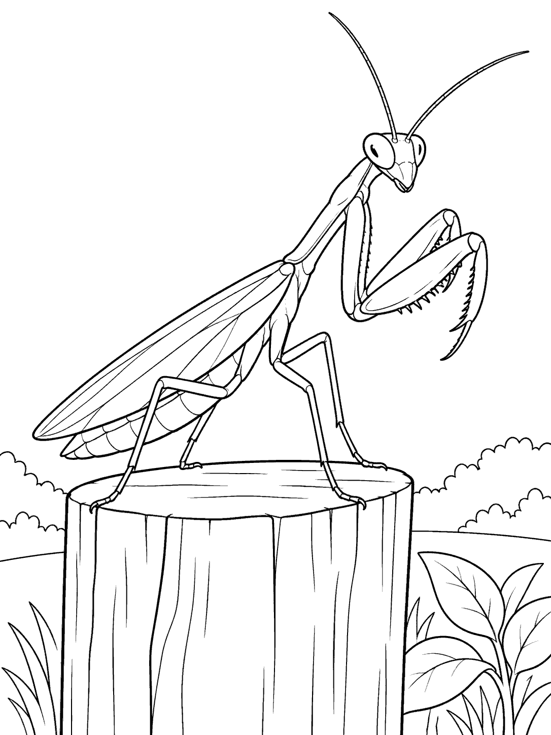 Praying mantis with raised folded forelegs and long antennae standing on a wooden fence post, with a garden horizon and leafy plants.