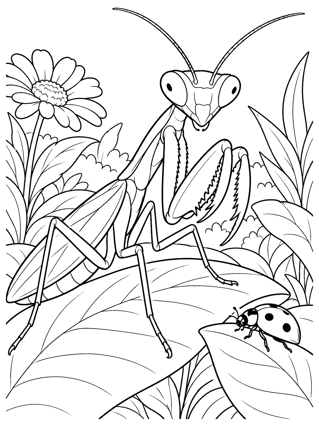 A large praying mantis with a triangular head and folded forelegs on a broad leaf, with a spotted ladybug on a nearby leaf.