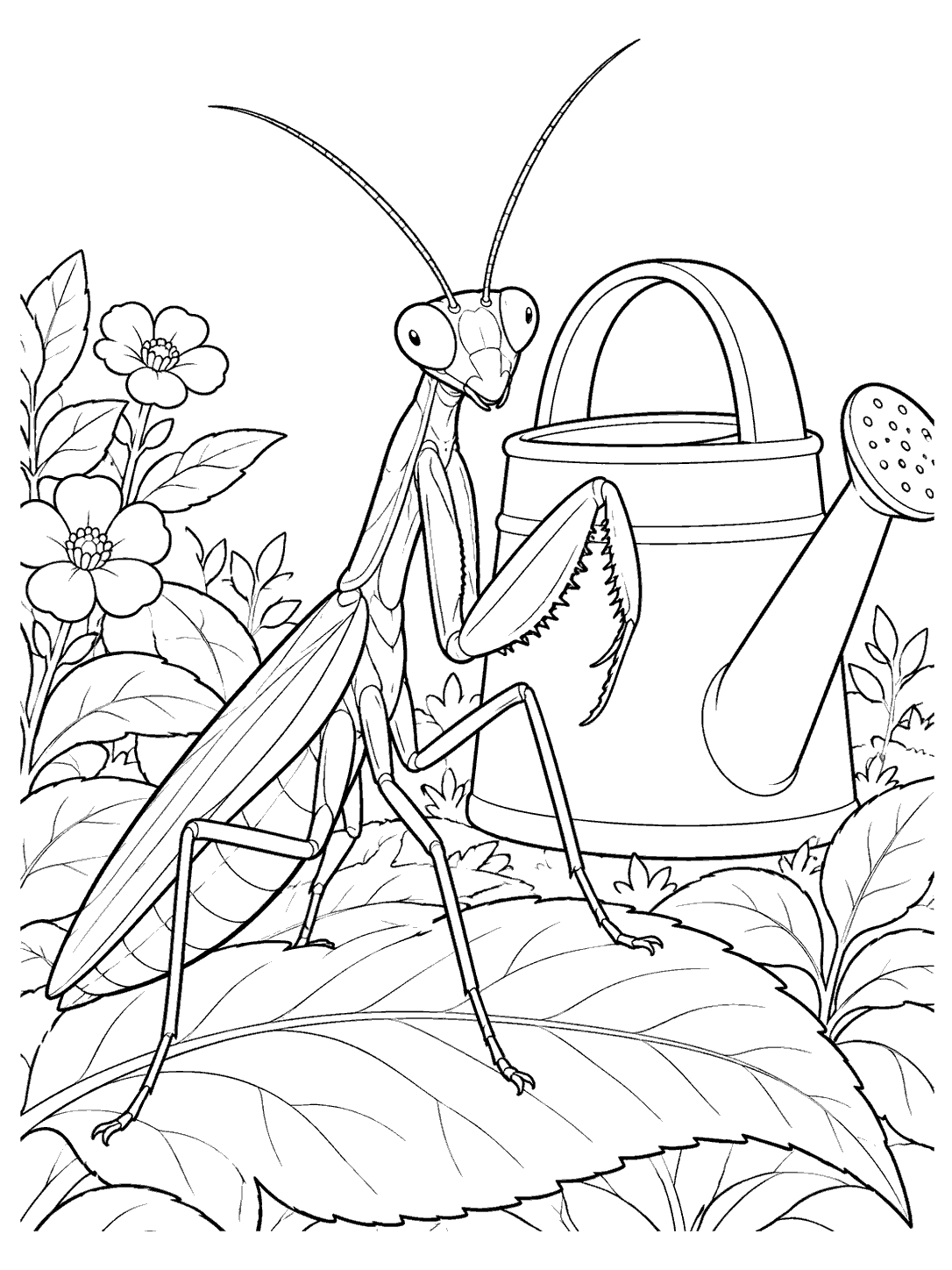 Praying mantis with raised antennae and folded front legs beside a watering can among garden leaves and flowers