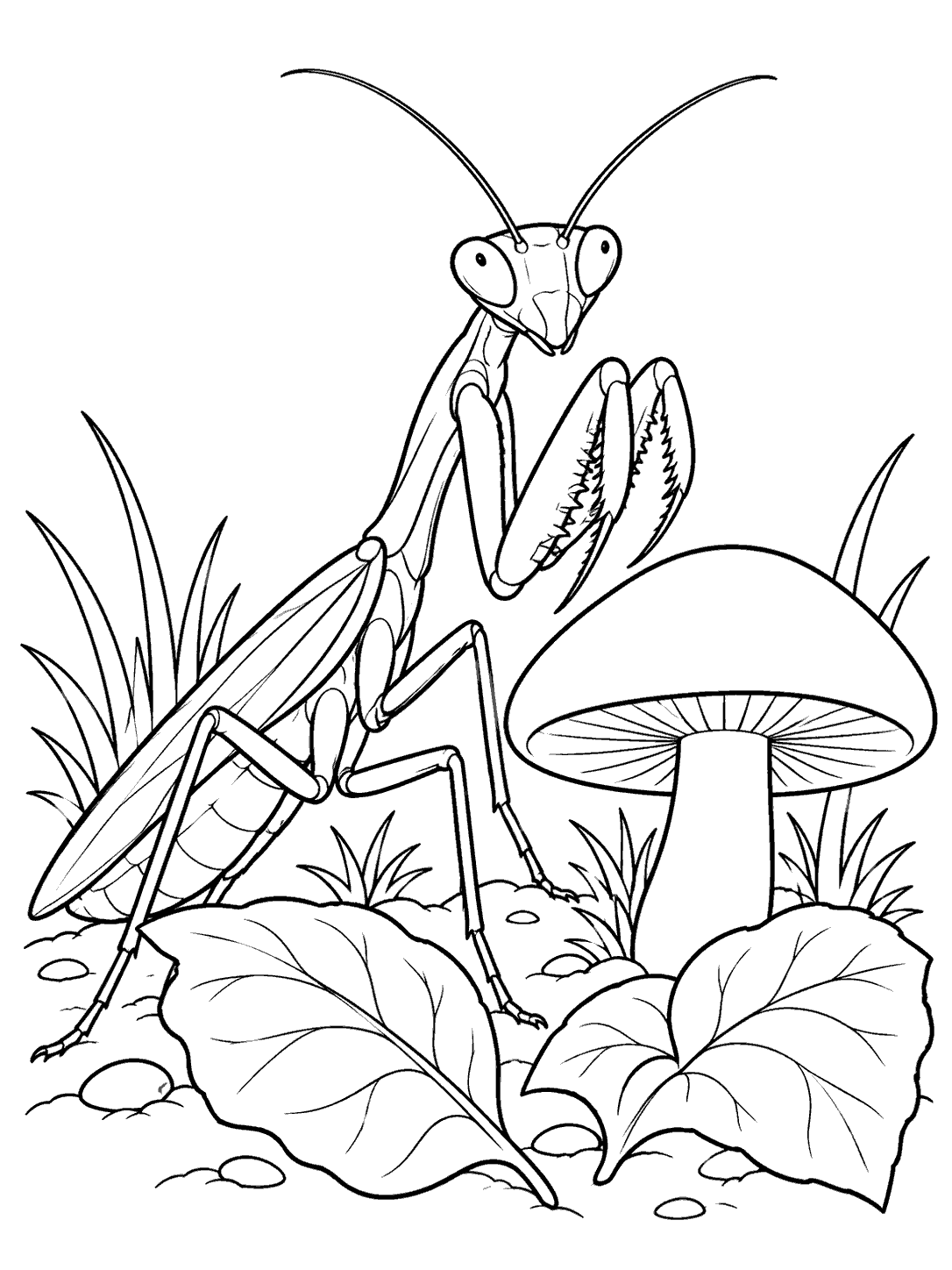 Praying mantis with raised folded forelegs beside a large mushroom and broad leaves.
