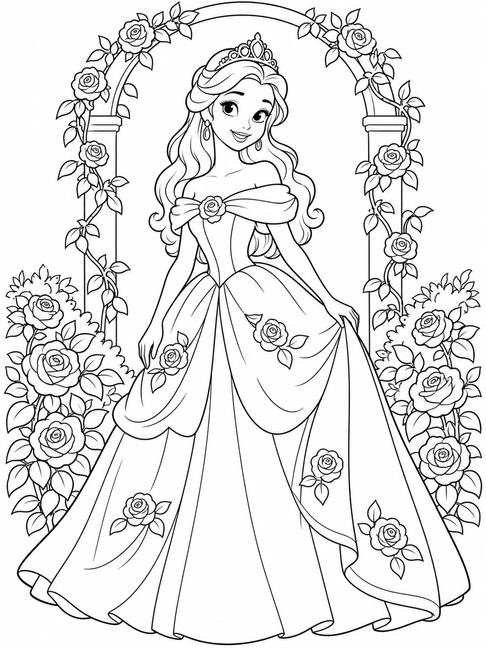 A smiling princess in a rose-patterned ball gown stands beneath a rose-covered garden arch, surrounded by flowering bushes.