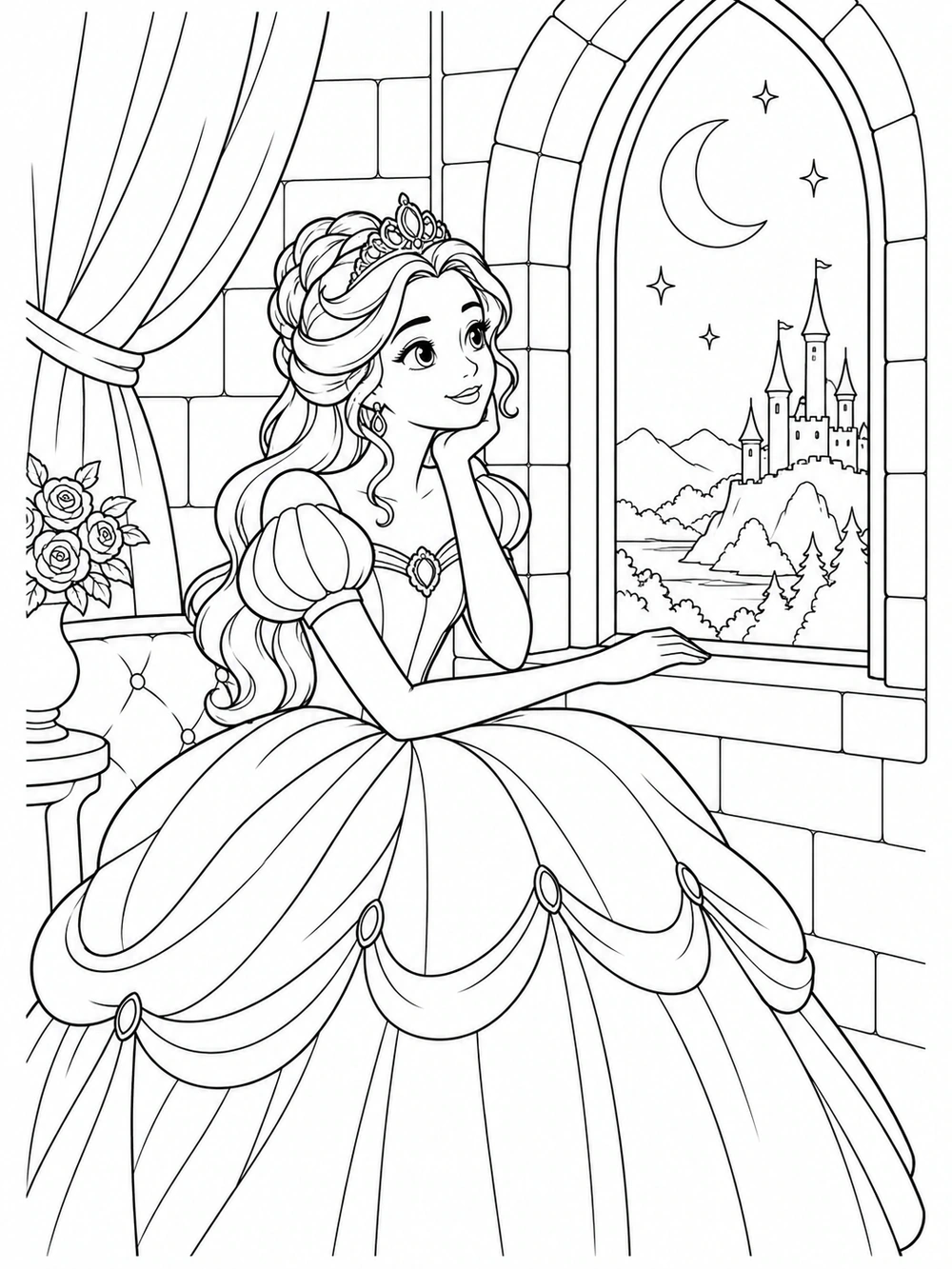 A seated princess rests one hand on the sill beside a tall arched window, with a crescent moon, stars, and a distant castle outside.