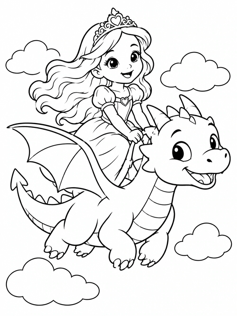 Black-and-white coloring page showing a princess riding a friendly dragon among puffy clouds.