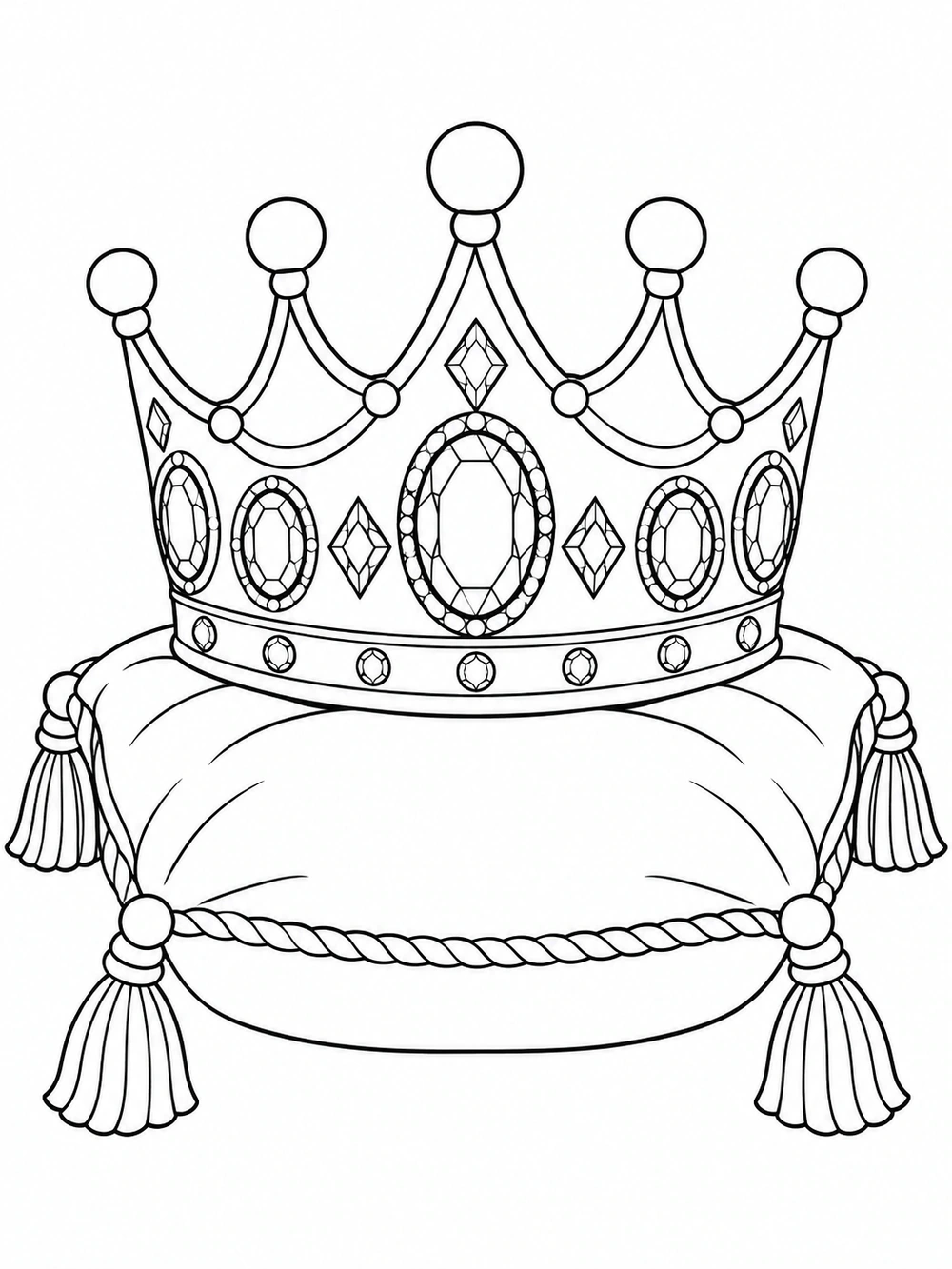 Ornate five-point princess crown with outlined oval and diamond jewels resting on a large cushion with four tassels.