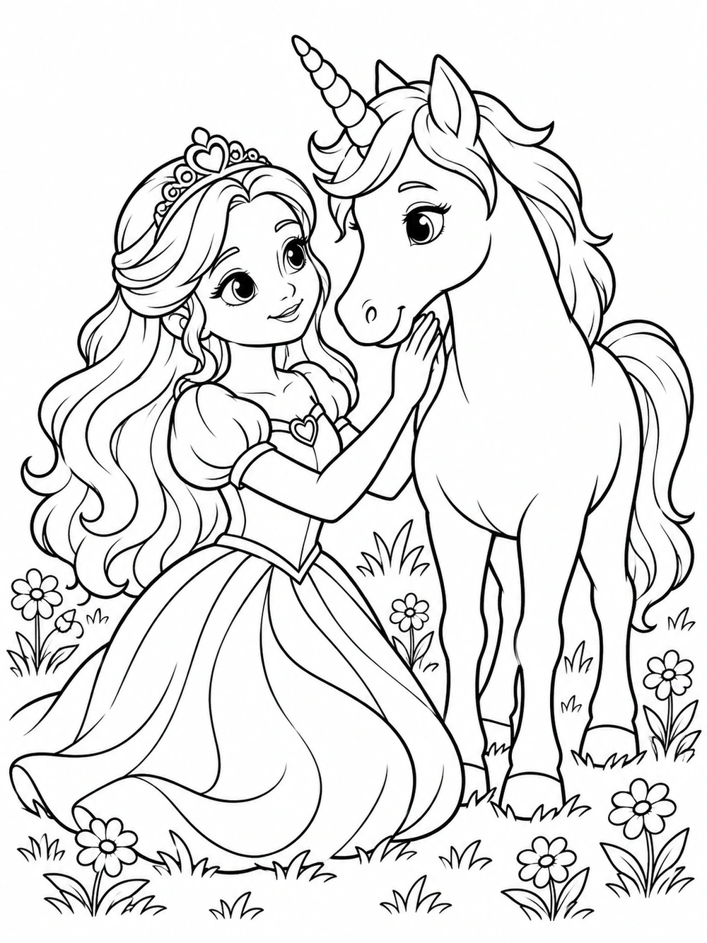 A princess in a flowing gown kneels to pet a unicorn surrounded by meadow flowers.