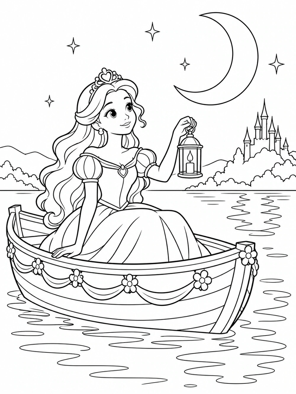 Black-outline coloring page of a princess in a decorated rowboat holding a lantern, with a crescent moon, stars, and castle across the lake.