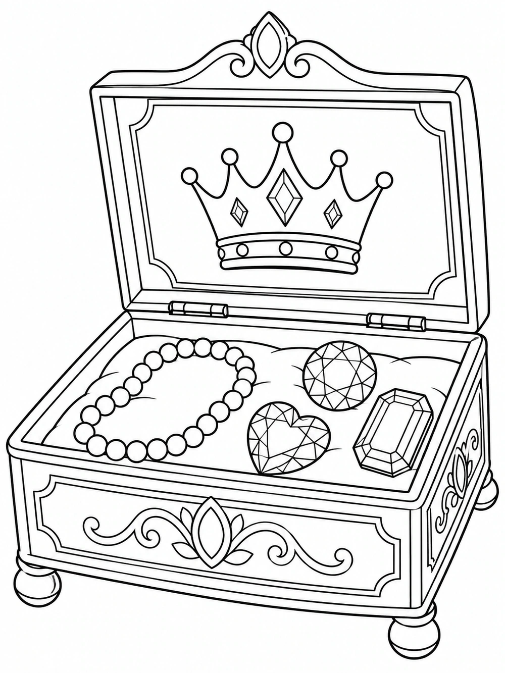 Open royal jewelry box with a crown emblem, looped pearl necklace, and three outlined gemstones