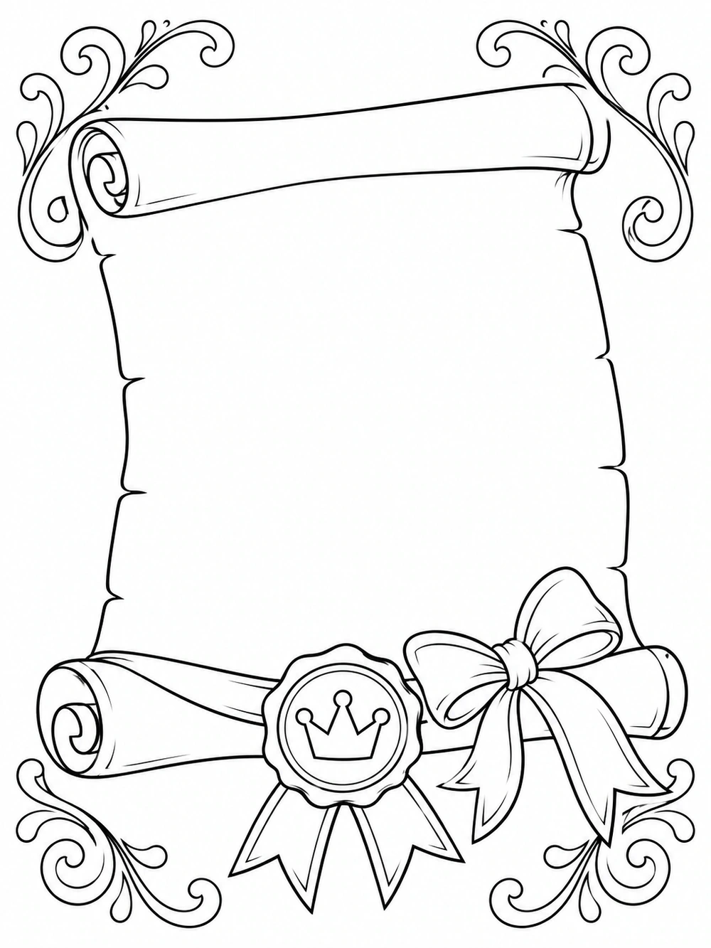 Black outline coloring page of a blank royal invitation scroll with curled edges, a crown seal, decorative swirls and a ribbon bow