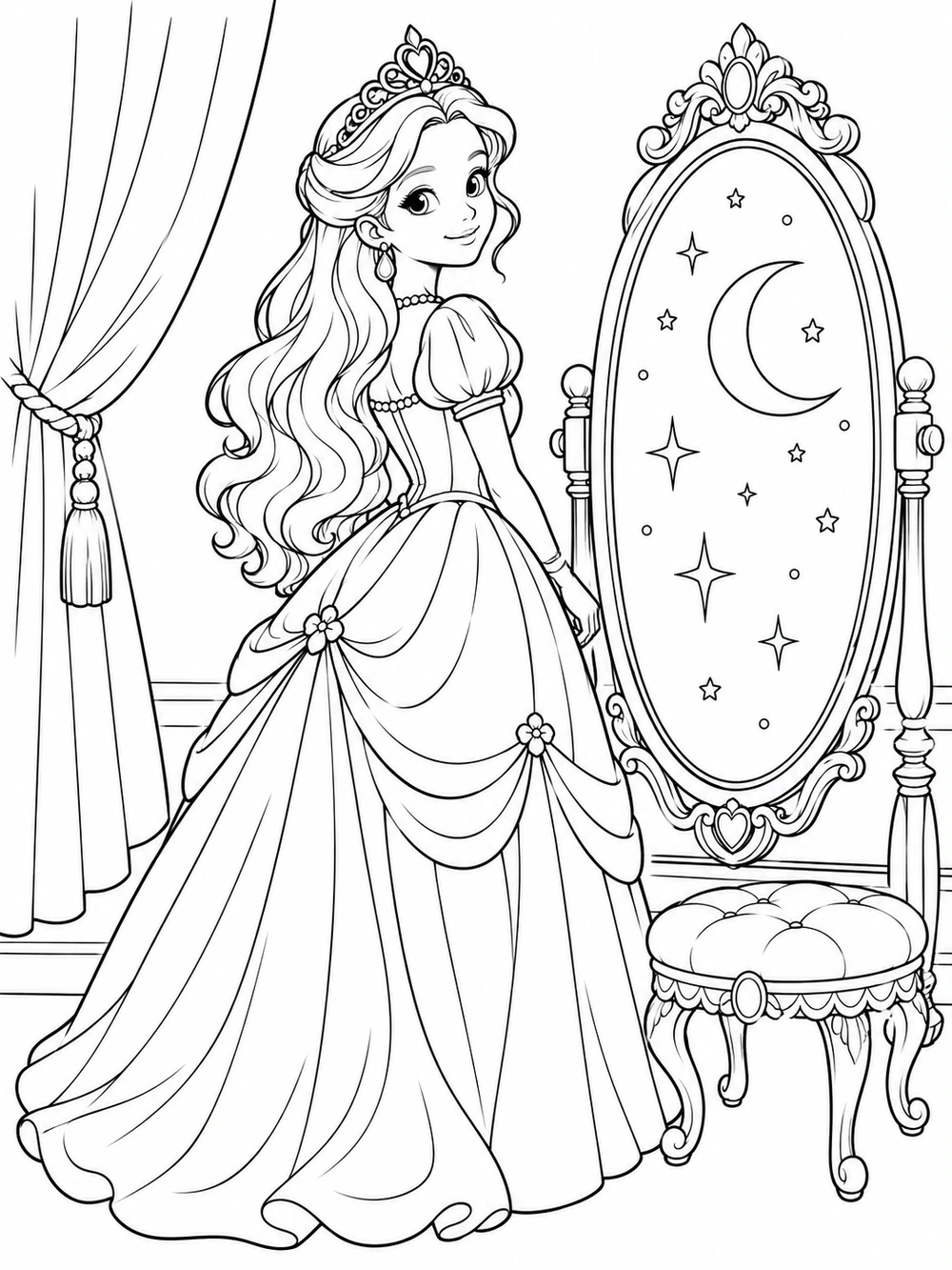 A princess in a flowing gown stands beside an ornate oval mirror filled with stars and a crescent; a stool and curtain complete the chamber.