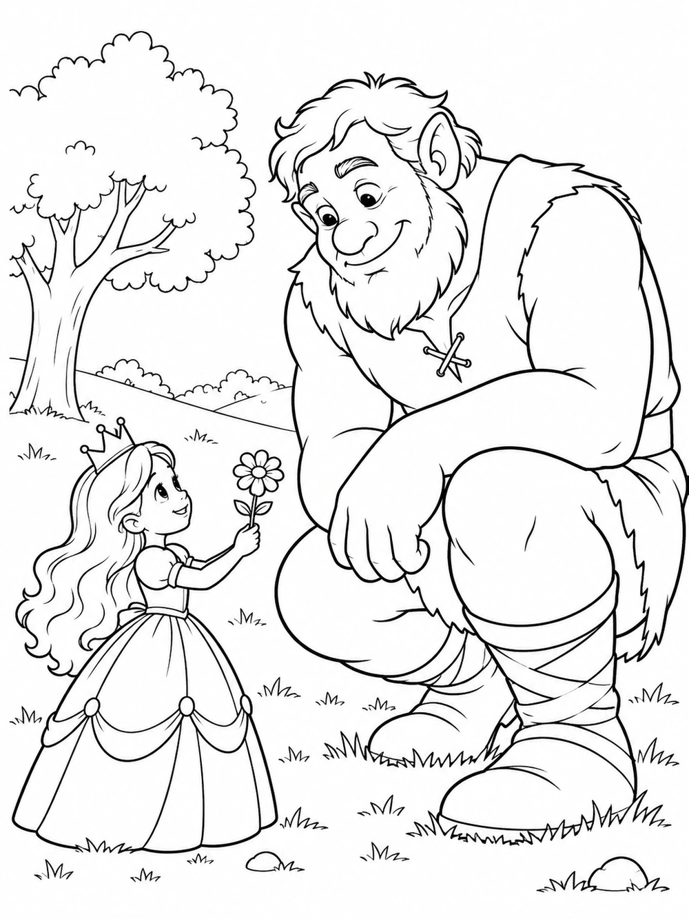 A crowned princess offers a flower to a crouching, smiling giant on a grassy hill, with a tree behind them.
