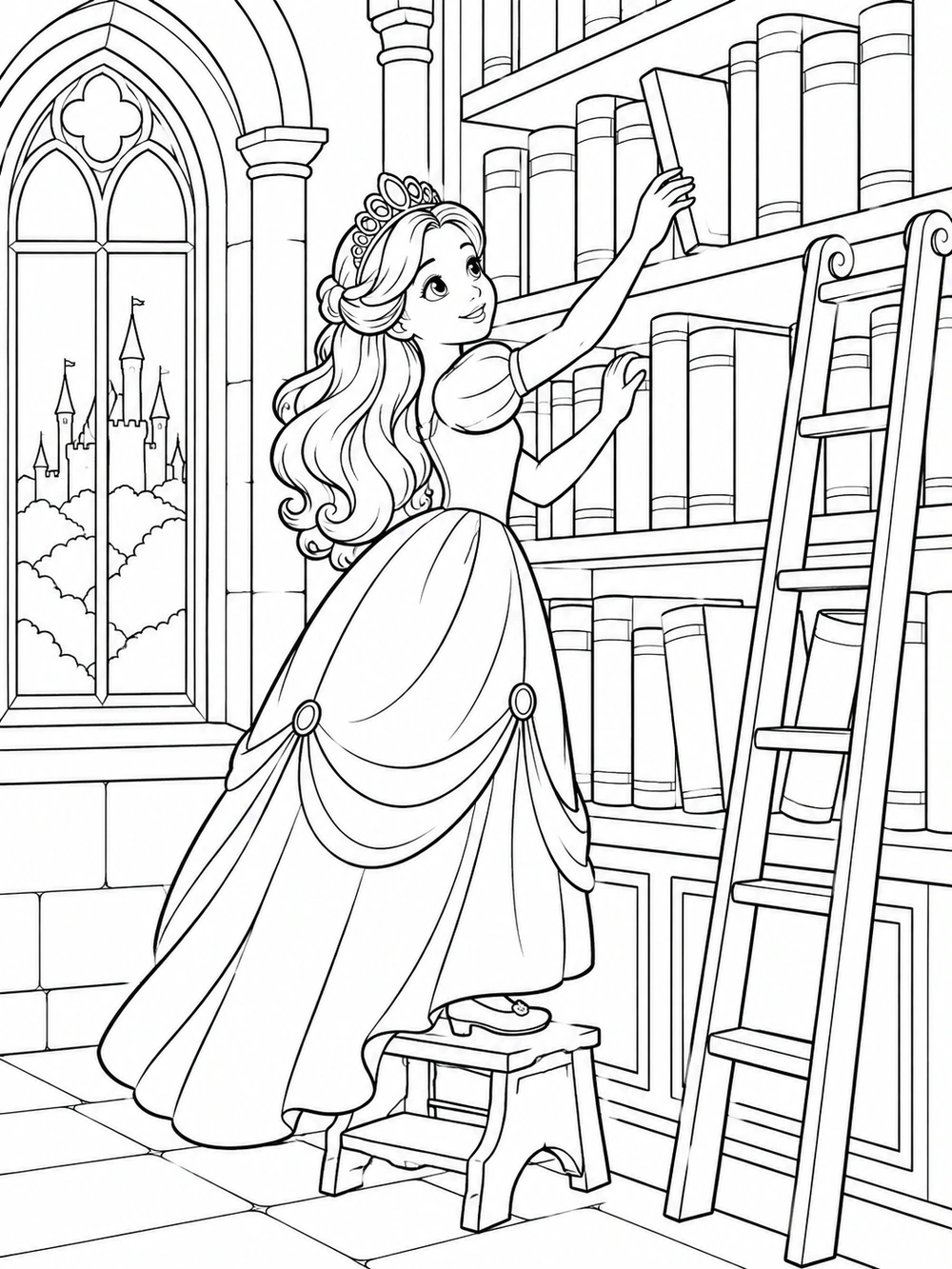 Princess reaching for a book beside a library ladder and arched window