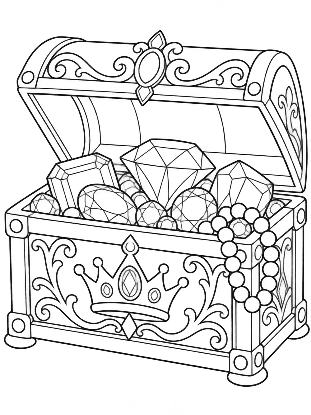 Outlined crown-decorated treasure chest with large gemstones and pearls
