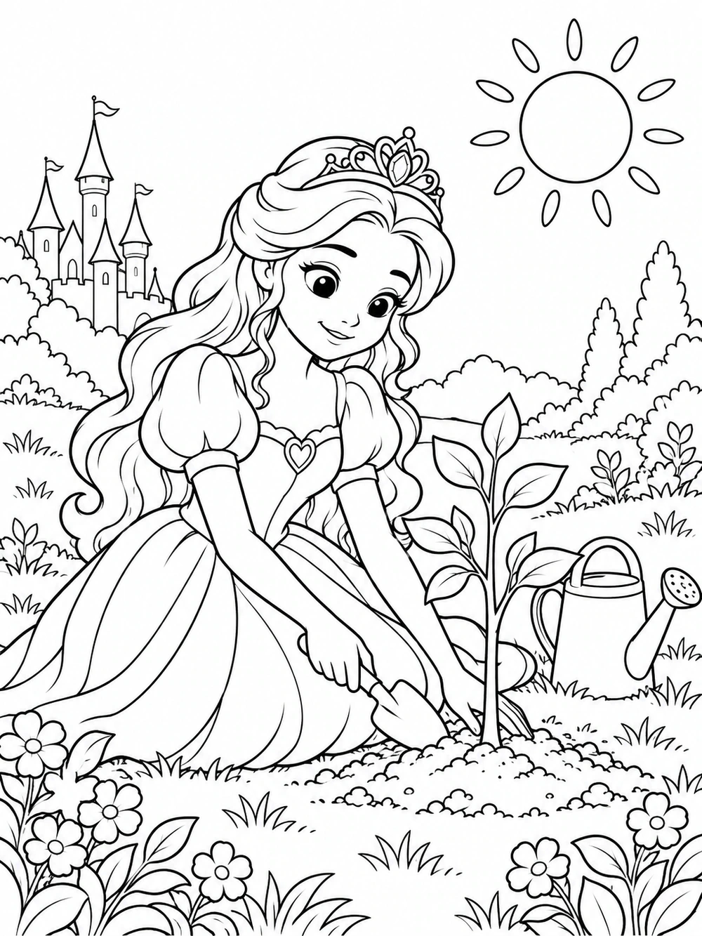 A kneeling princess pats soil around a young sapling with a trowel, with a watering can, castle, flowers, and sun nearby.